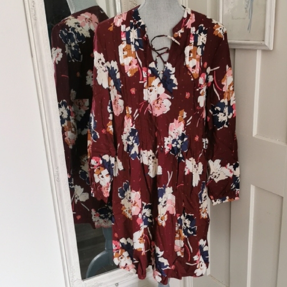 Old Navy Dresses & Skirts - Womens Old Navy Cottagecore Floral Shift Burgundy Lace Up Midi Dress. M